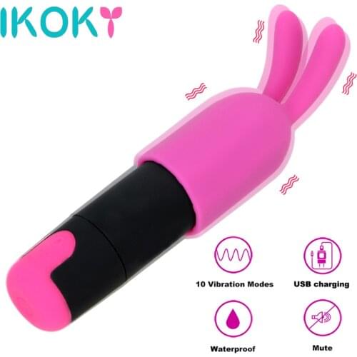 IKOKY Mini Bullet Vibrator Sex Products G-spot Massager 10 Speeds USB Rechargeable Sex Toys for Women With Rabbit Cap
