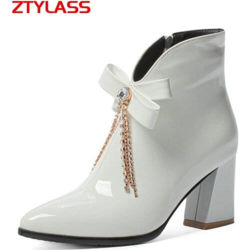 Fashion Zipper Thick High Heel Ankle Boots Women Patent Leather Fringe Short Boots Cute Bow Knot Autumn Winter Shoes Woman