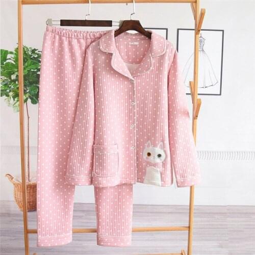 JULYS SONG 2020 New Women Cotton Pajamas Set Long Sleeves Cat Printing Cute Wave point Trousers Casual Soft Sleepwear Suit