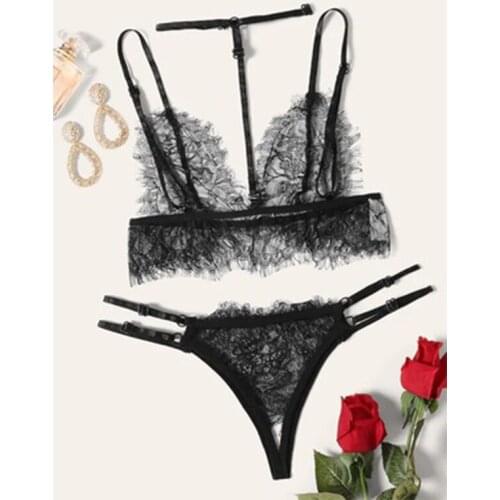 New Ladies Bra Set Sexy Eyelashes Lace Underwear Set See-Through Bra Panties Women Transparent Sexy Underclothes