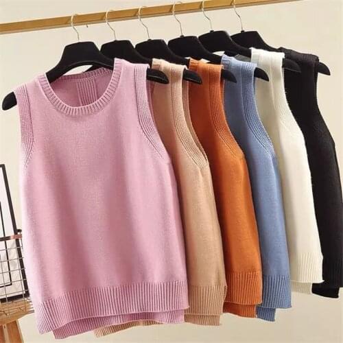 2020 Autumn Winter New Vest Womens Korean College Style Knitted Waistcoat Sweater Solid O-Neck Sleeveless Clothes Tops