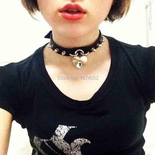 Punk Gothic Rock Handmade Harajuku Heart Lock Open Key Real Leather Choker Collar Necklace