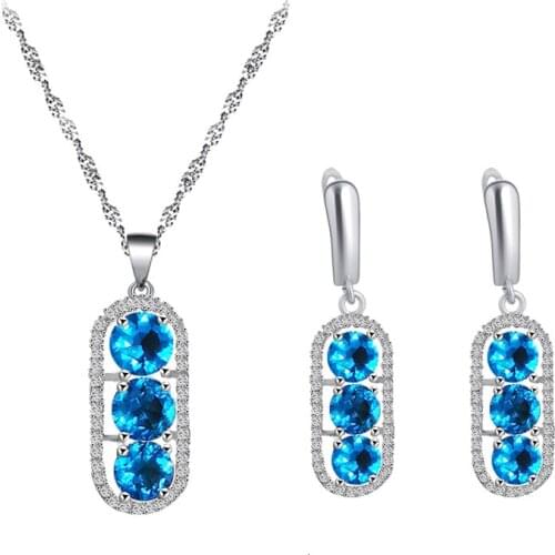Round silver plated Blue Zircon Earrings Necklace Pendant Jewelry Set Stylish Halloween Gift for Women JS844