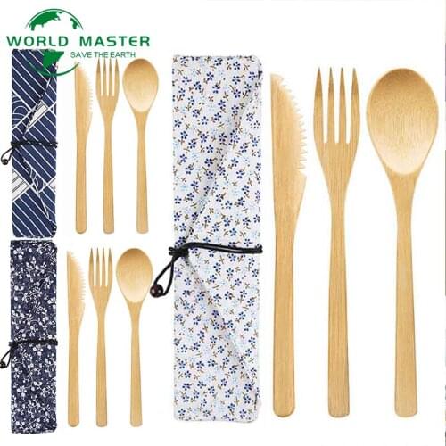 3PCS/SET Portable Eco-friendly Tableware Bamboo Cutlery Set With Spoon Fork Knife Travel Dinnerware Suit With Cloth Bag