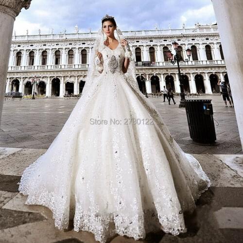 Luxury A Line Wedding Dress Vintage Appliques Beaded Crystal Vestido De Noiva Sexy V Neck Sheer Cathedral/Royal Train