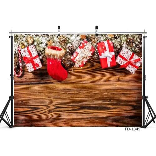 Christmas Gift Socks Pine Branch Wooden Board Photography Decoration Children Baby Party Backdrops Background Photo Studio Props