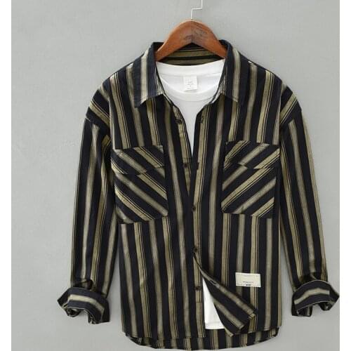 Black Striped Long Sleeve Shirts for Men Casual Turn-down Collar Tops 2021 Autumn New Male Fashion Pure Cotton Vintage Clothing