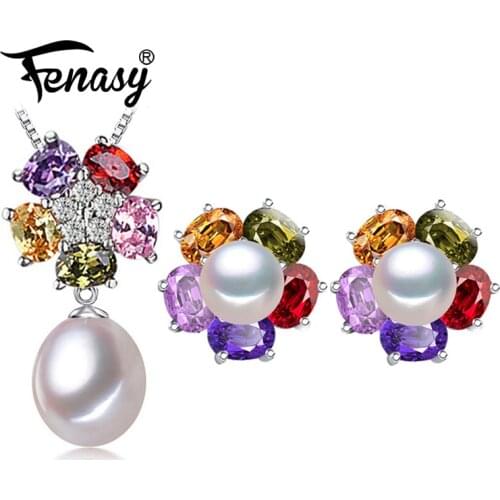 FENASY Pearl Jewelry Sets Pearl Pendant Necklace Bohemian 925 Sterling Silver Emerald Green Crystal Drop Earrings For Women