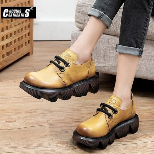 Spring Autumn Shoes Woman Cow genuine Leather Flat Platform Women Shoes Lace-Up Womens Loafers Thick Sole Female Sneakers