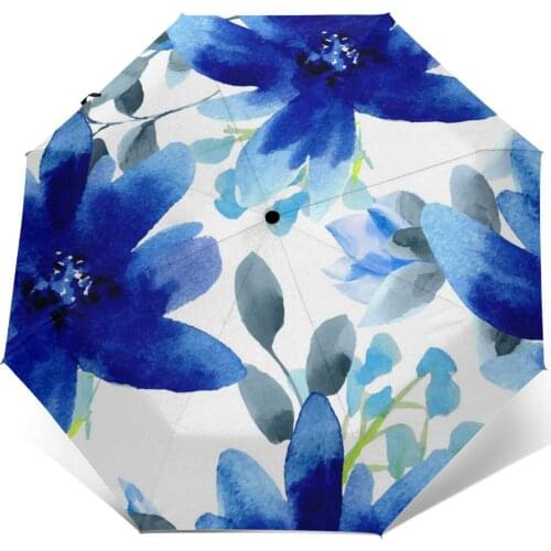 Wind Resistant Folding Automatic Umbrella Women Auto Blue Flowers Watercolor Windproof Umbrellas Rain For Men Parasol