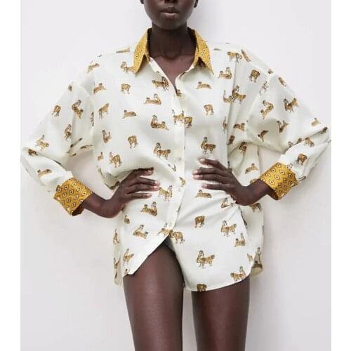 Ladies white shirt tiger pattern printed blouse long sleeve lapel top fashion street celebrity blouse