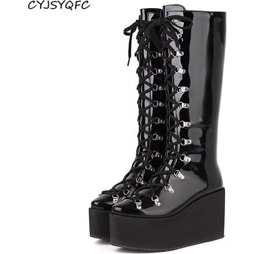 CYJSYQFC Punk Gothic Style Wedge Platform Women Mid Calf Boots Black Patent Leather Lace Up Thick Bottom Ladies Motorcycle Boots