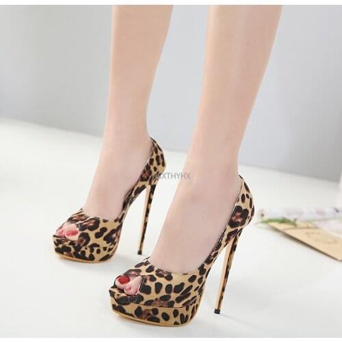 Summer Leopard Peep Toe 15CM Stiletto High Heels Sexy Party Women Shoes 2021 Size 35-40 Nightclub Platform Pumps Females Slip-On