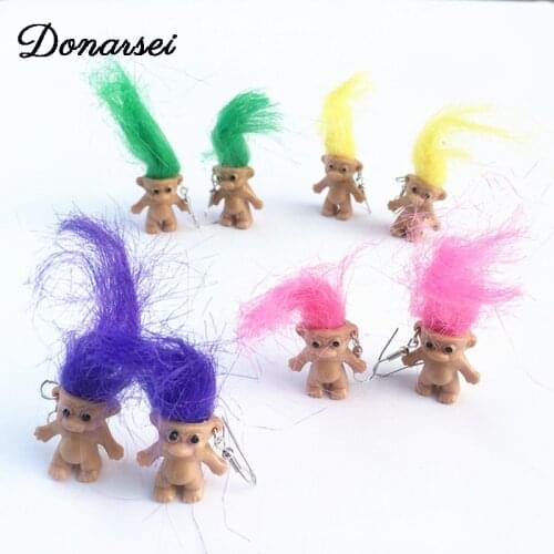 Donarsei Vintage Handmade Ugly Baby Doll Drop Earrings For Women Cute Colorful Long Hair Doll Cartoon Dangle Earrings Party