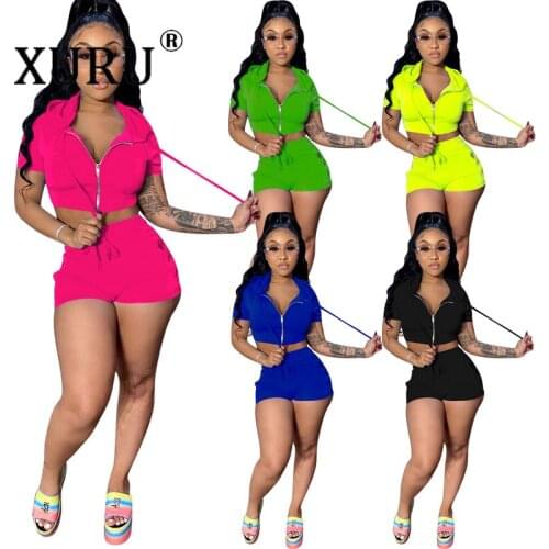 XURU European and American Womens New Solid Color Sports Jumpsuit Suit Casual Hooded Zipper Jumpsuit Two-piece Suit