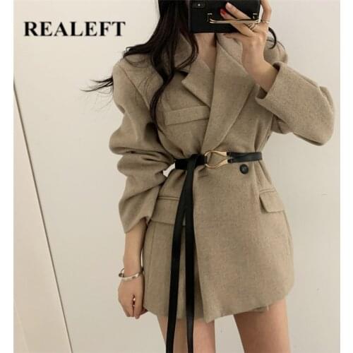 REALEFT New 2021 Autumn Winter Womens Woolen Blazer with Belted Long Sleeve Double Buttons Turn Down Collar Coat Jackets Female