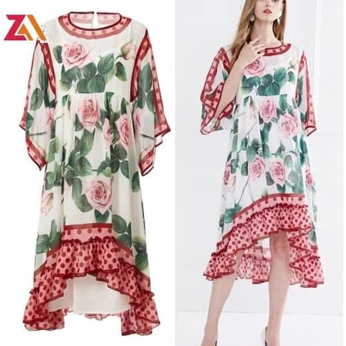 ZALady designer runway rosy midi dresses for women oversized loose ruffles elegant chic beach vacation zevity dress femme robe
