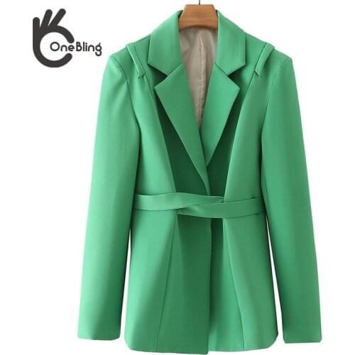 OneBling Za Woman 2021 Casual Traf Coats Autumn Notched Collar Open Stitch Green Jacket Lace-Up Office Lady Female Blazers Tops