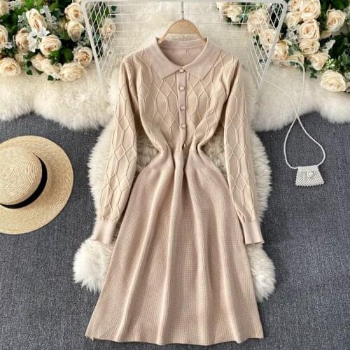 Korean Fashion Simple Pure Color Temperament POLO Collar Buttoned A-line Knitted Bottoming Fall Winter Dress for Women Vestidos