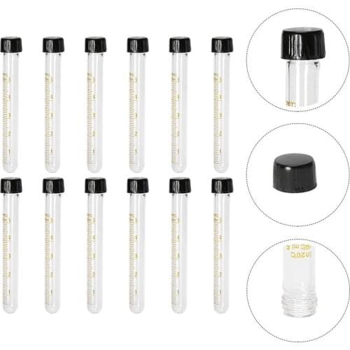 12pcs Glass Test Tube Transparent Serological Test Tubes with Black Screw Caps
