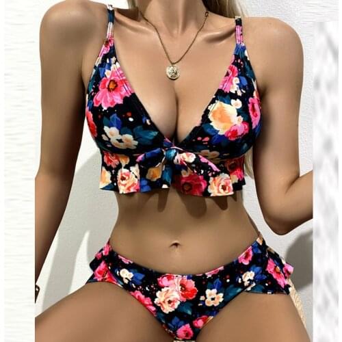 2021 2Pcs Womens Swimsuit Push Up Bow Flower Print Spaghetti Straps Ruffled Bikini Set Summer Beachwear Brazilian Bathing Suits