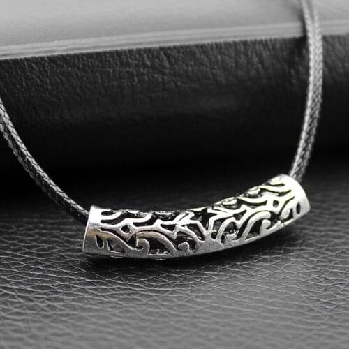 Antique Silver Hollow Tube charms Pendant Black Rope Necklace Gift MN125