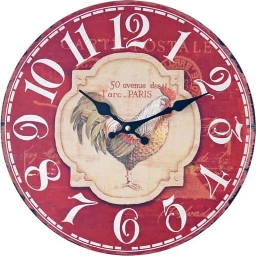 Large Red Retro Wall Clock Shabby Chic Coloured Drawing Cock Vintage Kitchen Wall Clocks Home Decor Horloge Mural Gift FZ816