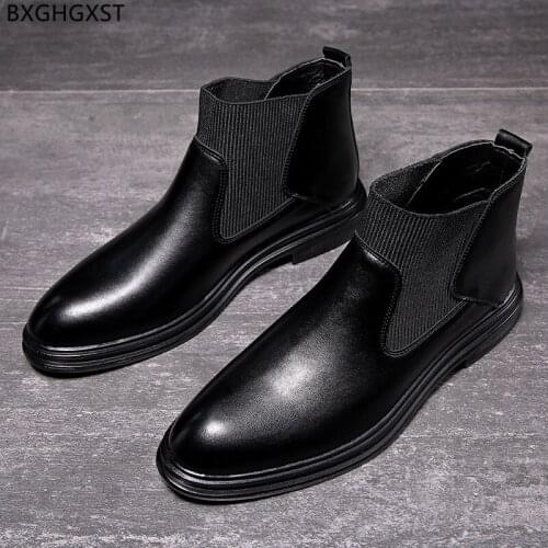Black Shoes Leather Boots Men Motorcycle Shoes for Man 2021 Chelsea Boots Man Winter Boots Men Casual Shoes Chaussure De Homme