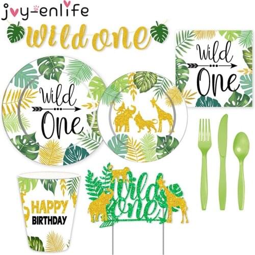 Wild One Green Theme Party Disposable Tableware Set Paper Plates Napkins Cups Baby Shower Kids Birthday Party Decoration