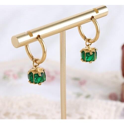 French Cute Green Square Zircon Hoop Earring for Women Korean Fashion Statement Teen Girl Trendy Jewelry Accessories Kolczyki