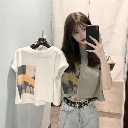T-Shirt Womens Top Short Student Korean Version Loose 2021 Summer New Stitching Printing Scheming Navel Ins Tide