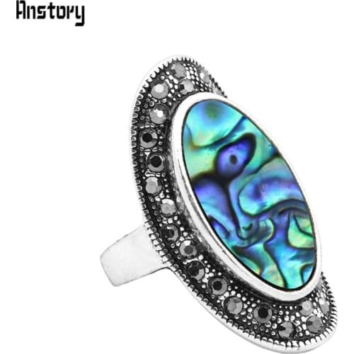 Rhinestone Oval Shell Rings For Women Vintage Antique Silver Plated Big Size Fashion Jewelry TR432