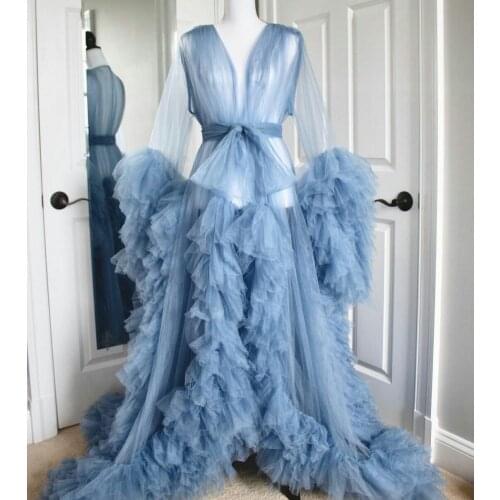 Pretty Blue Tulle Maternity Gown Maternity Photography Photo Shoot Luxury Ruffles Detachable Belt Women Wedding Wrap Prom