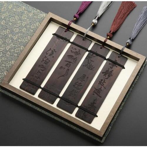 1Set Chinese Style Ebony Wooden Bookmark Tassel Pendant Manual Carving Craft Natural Color Luxury Gift For Bussiness Festival