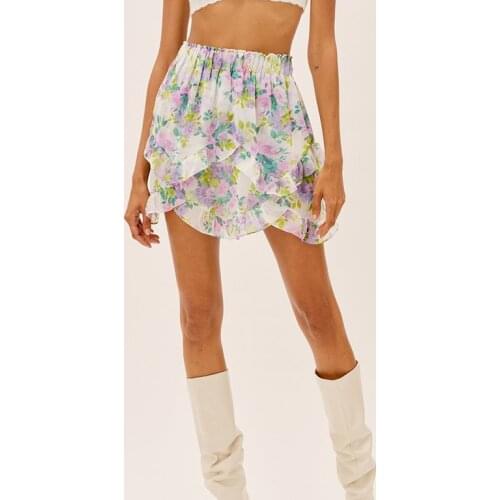 2021 Summer Beach Style Elastic Holiday Floral Ruffle Woman Skirtss Beach Vocation Ladies Mini Skirts