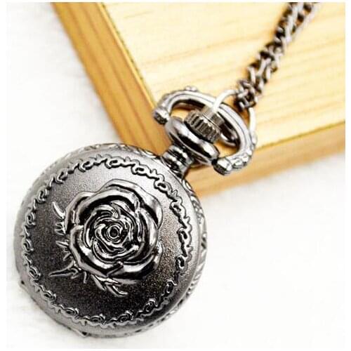 Small Size Black Rose Quartz Men Women Pocket Watch With Chain For Xmas Gift High Quality KL583