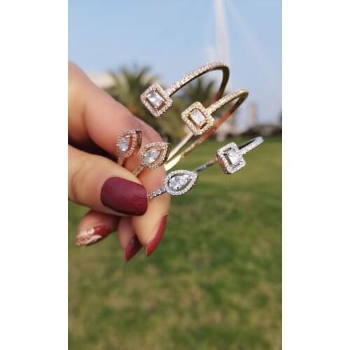 Trendy Exquisite 14K white gold filled Round&Water Drop Micro Pave Diamond Crystal Cuff Bracelet Bangles for Women Dress Jewelry