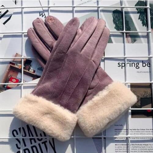 New autumn and winter womens suede warm gloves for outdoor travel embroidered touch screen gloves for women with big hairy