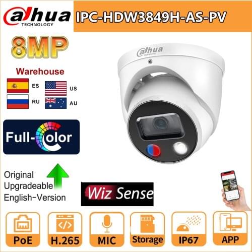 Dahua Full-Color IP Camera 8MP IPC-HDW3849H-AS-PV Built-in Mic and Spearker Audio Supports SD Card Flashlight Alarm WizSense