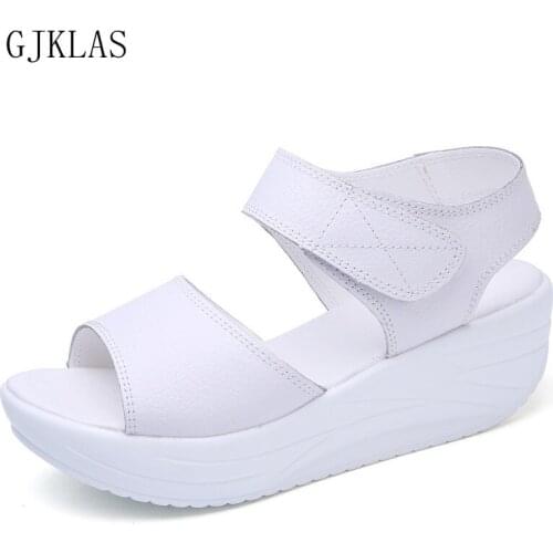Women Shoes Leather Genuine Wedges Shoes for Women Chunky Platform Sandles Summer Girls Chunky Shoes Woman Black White Sandals