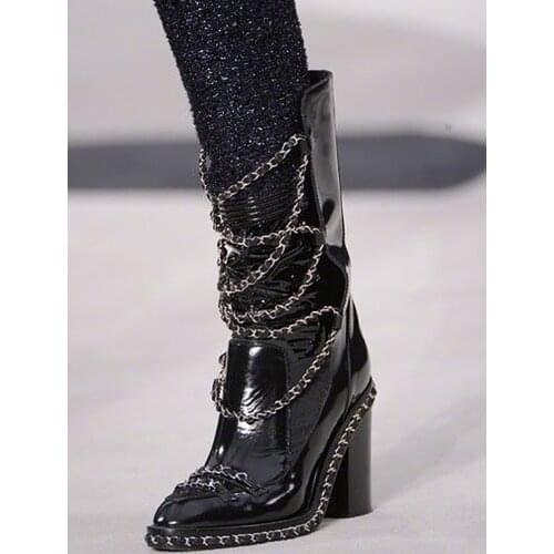 Street Style Metal Chain Square Heel Boots Manufacturer Pointed Toe Ladies Shoes Take Off Shaft Versatile Boots Spring Winter