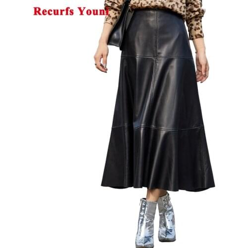 Women Genuine Leather 80 CM Long Skirt Female French Elegant Stitching Super Long Flared Saia Longa Mujer Yellow Umbrella Jupe