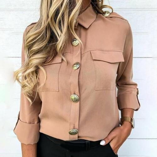 Casual Women Autumn Long Sleeve Turn Down Collar Pocket Buttons Vintage Women Shirts Blouses Female Tops