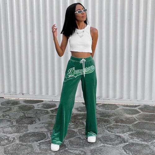2021 y2k Womens Loose Wide Leg Pants Trendy Drawstring High Waist Letter Embroidery Fit Long Pants