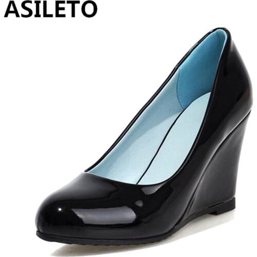 ASILETO 2021 Ladies Sweet Pumps Concise Candy Color Slip On Cute Party Round Toe 8CM Wedges Size 34-43 Black White Pink A4469