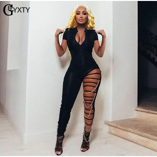 GBYXTY 2021 Summer Short Sleeve Front Zipper Black Jumpsuit Women Sexy Leg Chain Hollow Out Skinny Jumpsuit Night Overall ZL1163