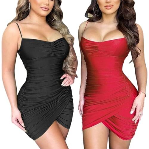 Sexy Party Night Dress Ruched Sleeveless Hem Slit Spaghetti Strap Cami Dress Fashion Summer Streetwear Tight Bodycon Black Red