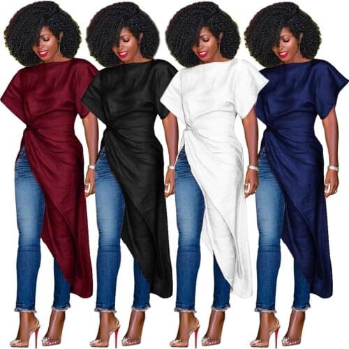 Sexy High Split Dress-shirt Women Casual Satin Tops Short Sleeve Summer Cover Waist Draped Women Clothing Solid Gothic Clothes