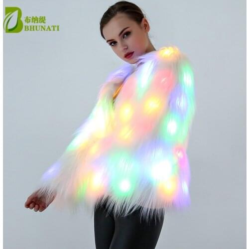 6XL Women Faux Fur LED Light Coat Christmas Costumes Cosplay Fluffy Fur Jacket Outwear Winter Warm Festival Party Club Overcoat