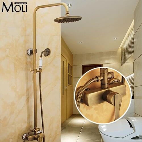 8 Inch bathroom antique brass shower faucet wall mounted rain shower set with shower head and hand shower